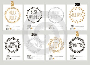 Merry Christmas and Happy New Year vintage gift tags cards with calligraphy.