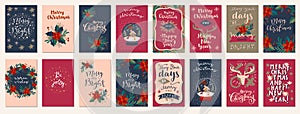 Merry Christmas and Happy New Year vintage hand drawn greeting cards, gift tags, postcards, posters. Calligraphic typography