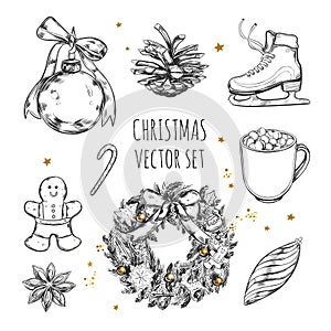 Merry Christmas and Happy New Year vintage set. Vector hand drawn winter elements in retro style
