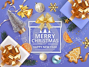 Merry Christmas and Happy New Year violet Holiday background with gift boxes with gold ribbon fir tree branches, jingle