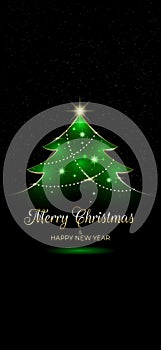 Merry christmas and happy new year wallpaper, greeting card. Christmas tree, lights, golden decoration. Design for invitation,