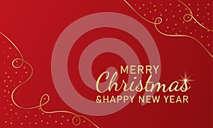 Merry Christmas and Happy New Year web banner illustration with gold threads and sequins.Merry Christmas greeting on a