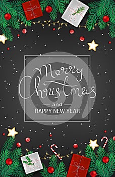 Merry Christmas and Happy New Year Web Banner Template. Festive Decoration with fir branches, gifts, candy cane, lollipops