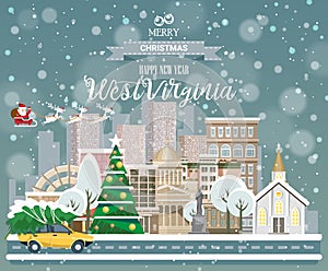 Merry Christmas and Happy New Year in West Virginia. Greeting festive card from the USA. Winter snowing city with cute cozy houses