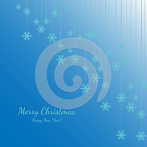 Merry Christmas and Happy New Year with white snowflakes. Holiday blue background. Decorative design for card, banner, greeting, v