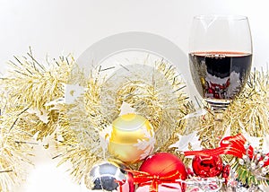 Merry Christmas and Happy new year with Wine Cheer and decorative with gift box.