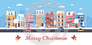 Merry Christmas, Happy New Year in winter city, cartoon urban wintery cityscape with cute town house