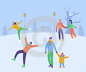 Merry Christmas, Happy New Year winter holiday greeting card. People characters ice skating on the rink. Excited family