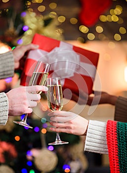 Merry christmas. happy new year. winter holiday weekend. glass of champagne. present for xmas holiday. gift with love