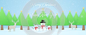 Merry Christmas and Happy new year, winter landscape, reindeer, snowman and christmas trees on snow with snow falling