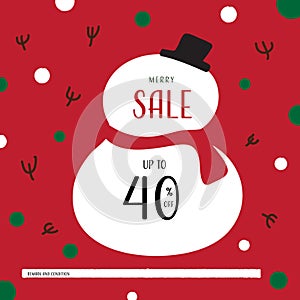 Merry Christmas and Happy new year wish card with snow man and red color elements background, discount banner sale, shopping promo