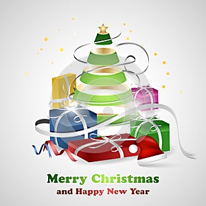Merry Christmas and Happy New Year wishes with Christmas tree, presents, ribbons, bows, stars and confetti. Vector design.