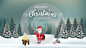 merry Christmas and happy new year wishes with snowy landscape at night. Christmas trees and Santa clause.