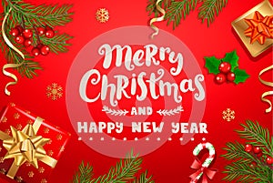 Merry Christmas and Happy New Year wishing on red background with traditional christmas decorations- gift box with gold bow, candy