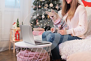 Merry Christmas and happy new year. Woman and puppy dog in sweater having a video chat on laptop, enjoy winter holidays