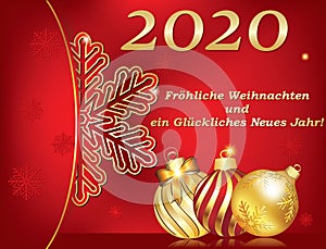 Merry Christmas and Happy New Year written in German - season`s greeting card with red background