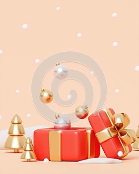 Merry Christmas and Happy New Year. Xmas Background design, gift box, gold Christmas tree, white balls and glitter gold