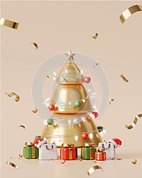 Merry Christmas and Happy New Year. Xmas Background design, gold Christmas tree, gift box and glitter gold confetti