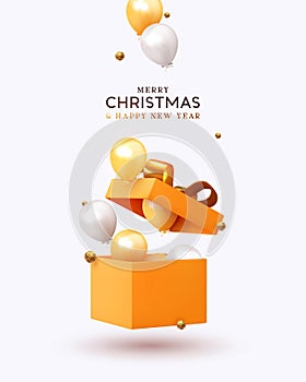 Merry Christmas and Happy New Year. Xmas design realistic gifts box, falling helium balloons, 3d golden chocolate candies. Holiday