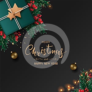 Merry Christmas and Happy New Year. Xmas holiday banner decorated with Gift box, Christmas ball, Fir tree, Berry, Sparkling light.