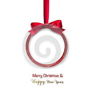 Merry Christmas and Happy New Year Xmas red ball hanging ornament decoration with red bow ribbon and copyspace for party