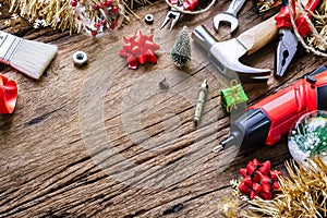 Merry Christmas and Happy New Years Handy Constrcution Tools background concept. Handy House Fix DIY handy tools with Christmas