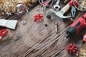 Merry Christmas and Happy New Years Handy Constrcution Tools background concept. Handy House Fix DIY handy tools with Christmas