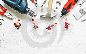 Merry Christmas and Happy New Years Handy Constrcution Tools background concept. Handy House Fix DIY handy tools with Christmas