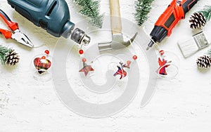 Merry Christmas and Happy New Years Handy Constrcution Tools background concept. Handy House Fix DIY handy tools with Christmas