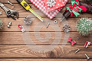 Merry Christmas and Happy New Years Handy Constrcution Tools background concept. Handy House Fix DIY handy tools with Christmas