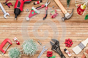 Merry Christmas and Happy New Years Handy Constrcution Tools background concept. Handy House Fix DIY handy tools with Christmas