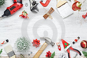 Merry Christmas and Happy New Years Handy Constrcution Tools background concept. Handy House Fix DIY handy tools with Christmas