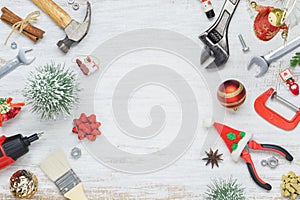 Merry Christmas and Happy New Years Handy Constrcution Tools background concept. Handy House Fix DIY handy tools with Christmas
