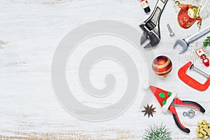 Merry Christmas and Happy New Years Handy Constrcution Tools background concept. Handy House Fix DIY handy tools with Christmas