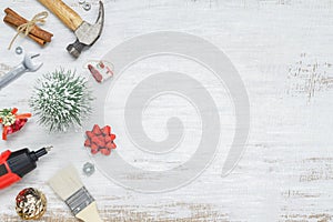 Merry Christmas and Happy New Years Handy Constrcution Tools background concept. Handy House Fix DIY handy tools with Christmas