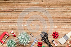 Merry Christmas and Happy New Years Handy Constrcution Tools background concept. Handy House Fix DIY handy tools with Christmas