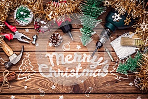 Merry Christmas and Happy New Years Handy Constrcution Tools background concept. Handy House Fix DIY handy tools with Christmas