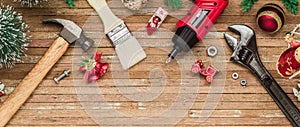 Merry Christmas and Happy New Years Handy Constrcution Tools web banner background concept. Handy House Fix DIY handy tools with