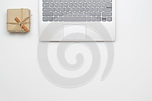 Merry Christmas and Happy new years office work space desktop concept. Minimal Flat lay top view with laptop and Natural Christmas