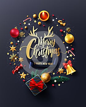 Merry Christmas and Happy New Years Poster with gift box,ribbon and christmas decoration elements for Retail,Shopping or Christmas