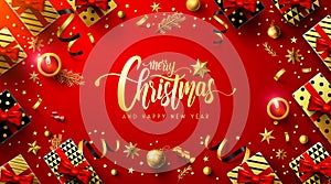 Merry Christmas and Happy New Years Red Poster with gift box and christmas decoration elements for Retail,Shopping or Christmas