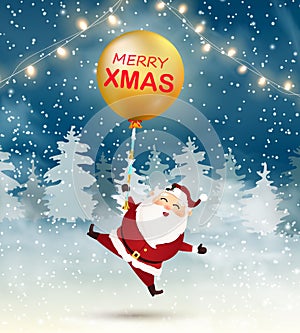 Merry Christmas. Happy Santa Claus with big gold balloon in snow scene. Winter Christmas Woodland Landscape