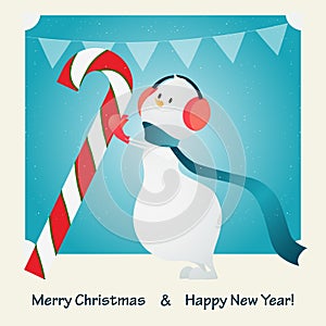 Merry Christmas. Happy snowman and candy. Vector illustration.