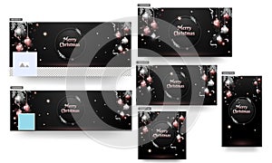 Merry Christmas Header or Banner, Poster and Template Design with Shiny Silver and Bronze Baubles, Stars and Pine Leaves on Black