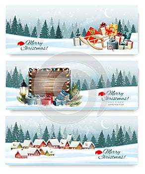 Merry Christmas Holiday Banners with a winter village