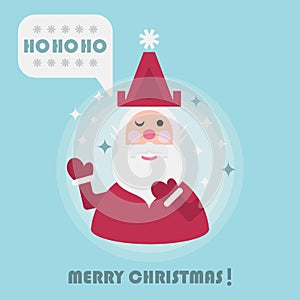 Merry Christmas holiday card with cute Santa and Ho Ho Ho speech bubble icon
