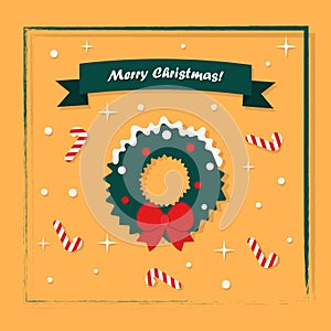 Merry Christmas holiday card design. Striped candy and a Christmas wreath on a mustard background. Vintage greeting card
