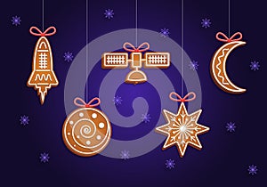 Merry christmas holiday decoration background with ginger rocket, planet, satellite, star and moon cookies vector illustration