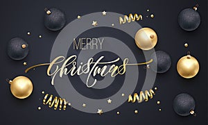 Merry Christmas holiday golden decoration, gold hand drawn calligraphy font for greeting card on black background. Vector Christma