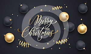 Merry Christmas holiday golden decoration, gold hand drawn calligraphy font for greeting card on black background. Vector Christma